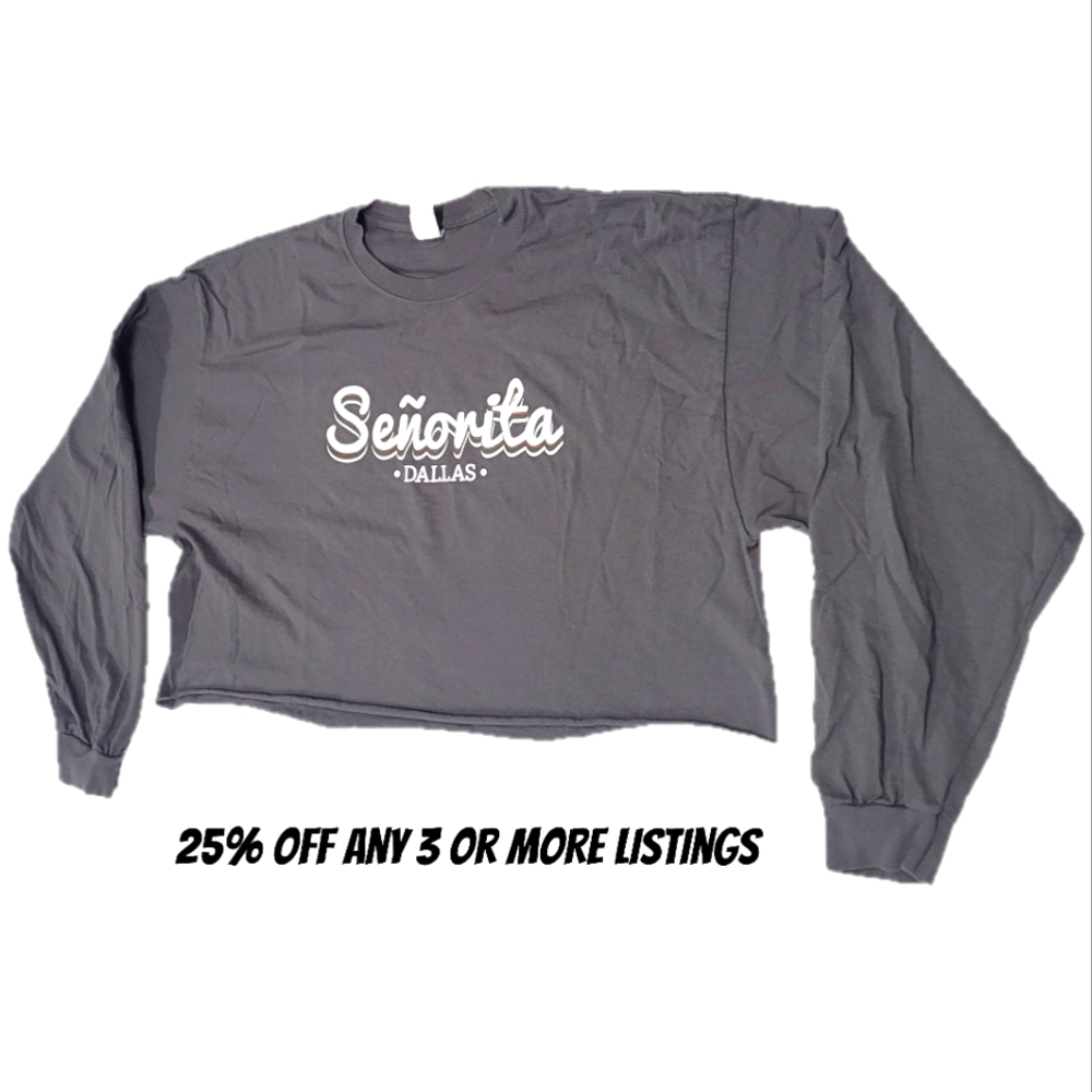 Gray Señorita Dallas Longsleeve Crop Tee Shirt Crewneck Graphic Print Top